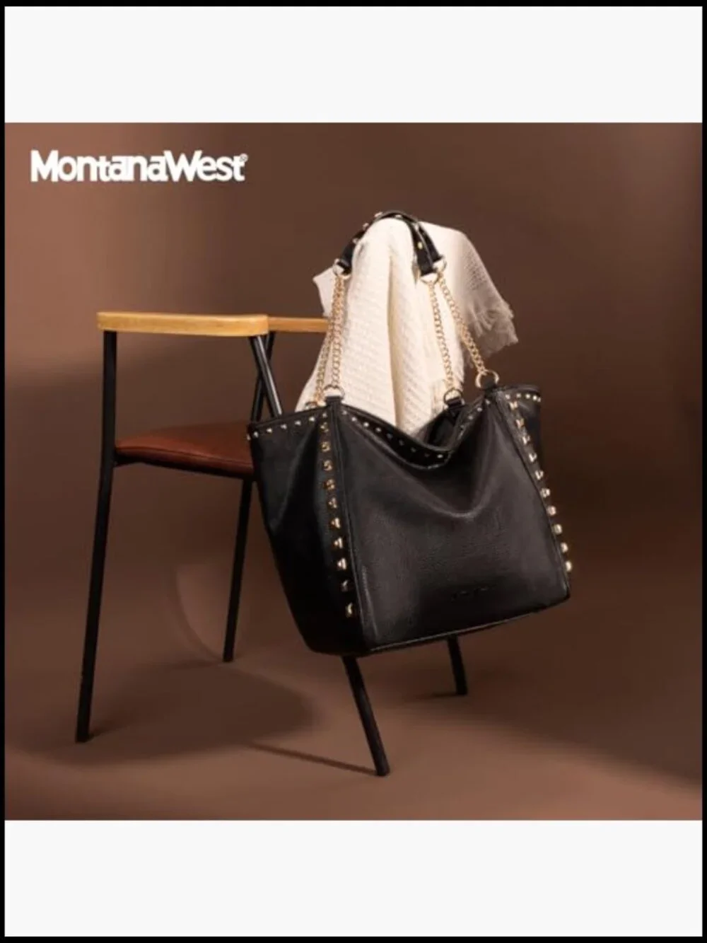 Oversized Hobo Tote Bag Studded Vegan Leather Zipper Chain Handle Shoulder Purse